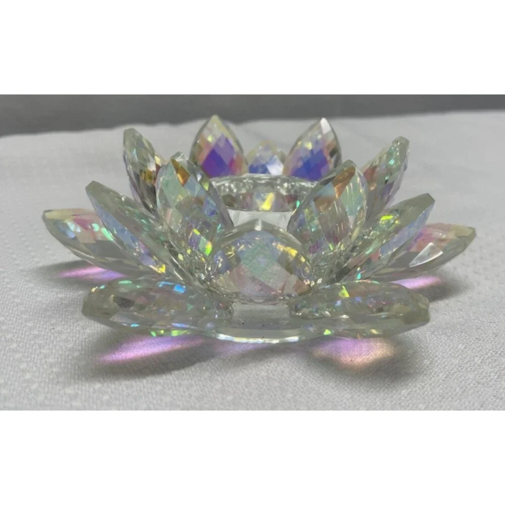 Iridescent Crystal Lotus Flower Candle Holder Rainbow Prism Boho Spiritual Decor